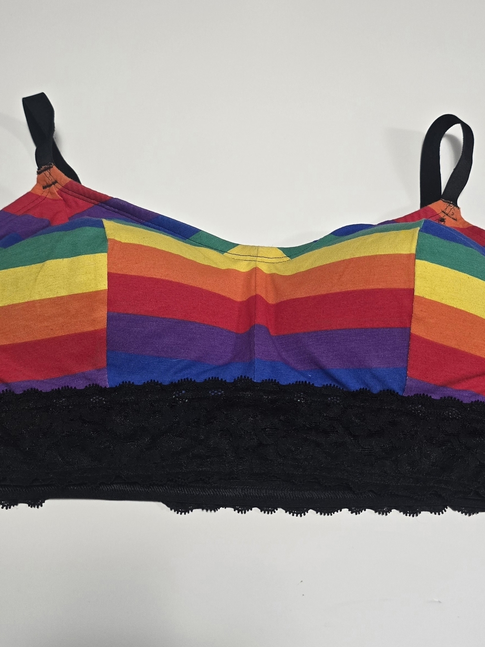 Rainbow Stripe Lace-Band Bralette with Black Trim